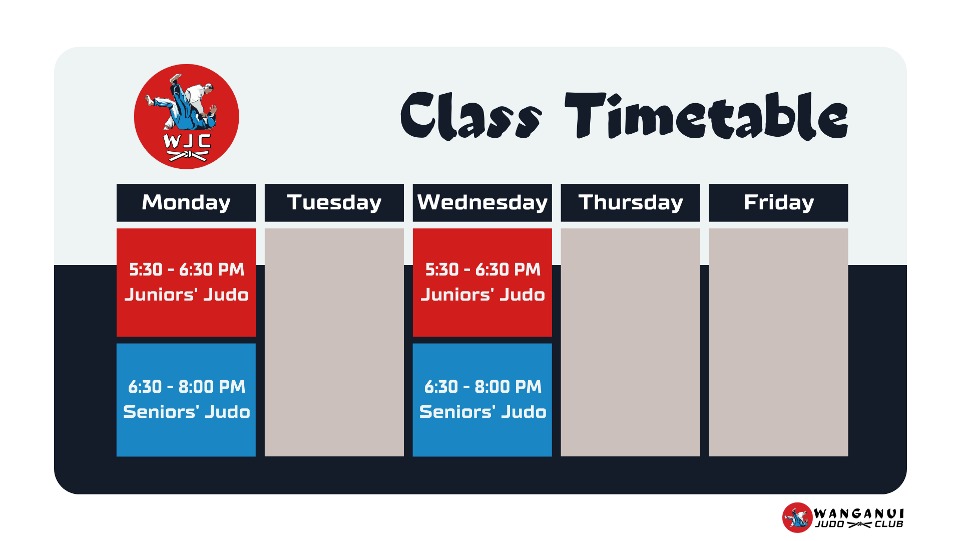 Wanganui Judo Club class timetable - March 2023